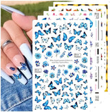 JMEOWIO Nagelsticker Schmetterling 8 Blätter Nagelaufkleber Selbstklebend Blau Schwarz Gold Schmetterling Nail Art Decoratie Nagel Design Zubehör
