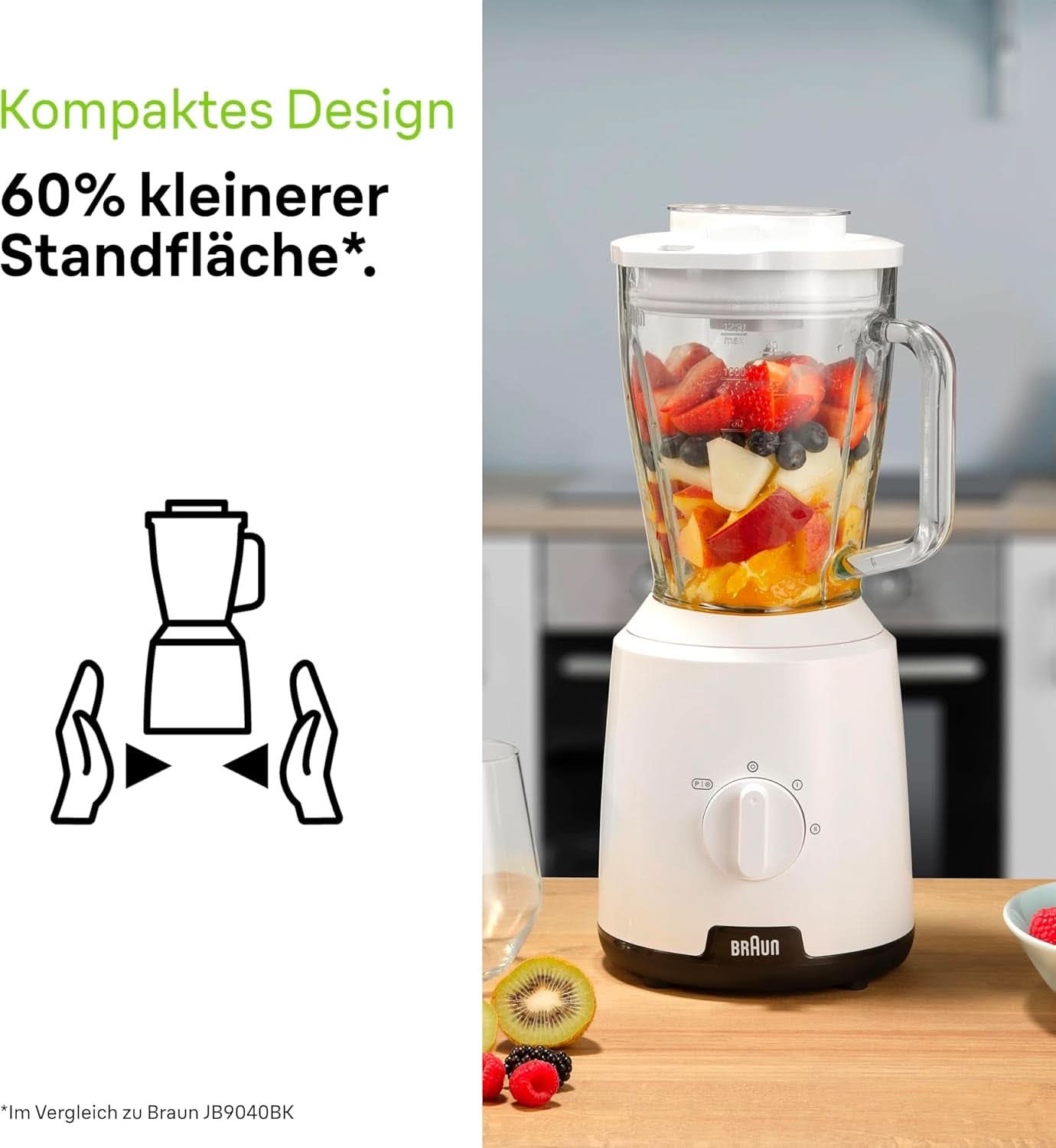 Braun Powerblend 1 JB1050WH - Standmixer Met 1,5 L Glas-Mixaufsatz, Küchenhelfer Zum Zerkleinern, Pürieren & Mixen, Ice-Crush-Funktion, 2 Geschwindigkeiten, 600 Watt, Weiß Kitchen Naty Shop