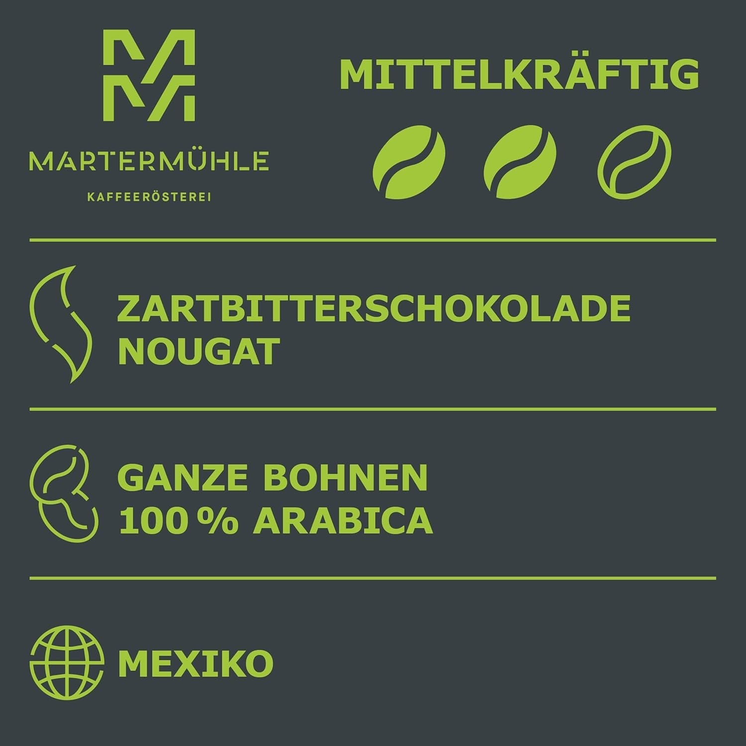 Martermühle Mexiko Bio Espressobohnen entkoffeiniert 1kg mittelkräftig I Arabica I Smaak: Nougat, Zartbitterschokolade I Ganze Bio Espresso-Bohnen schonend geröstet, säurearm