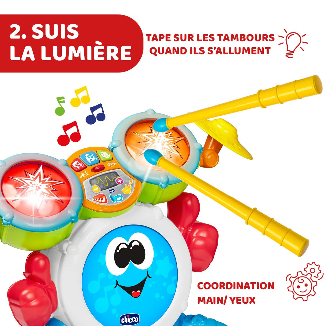 Chicco 00009820100000 Mi First Drumset met licht en geluid, 3 speelmodi Muziekinstrument met batterij voor kinderen, veelkleurig, groot Jucarii Bebe Naty Shop
