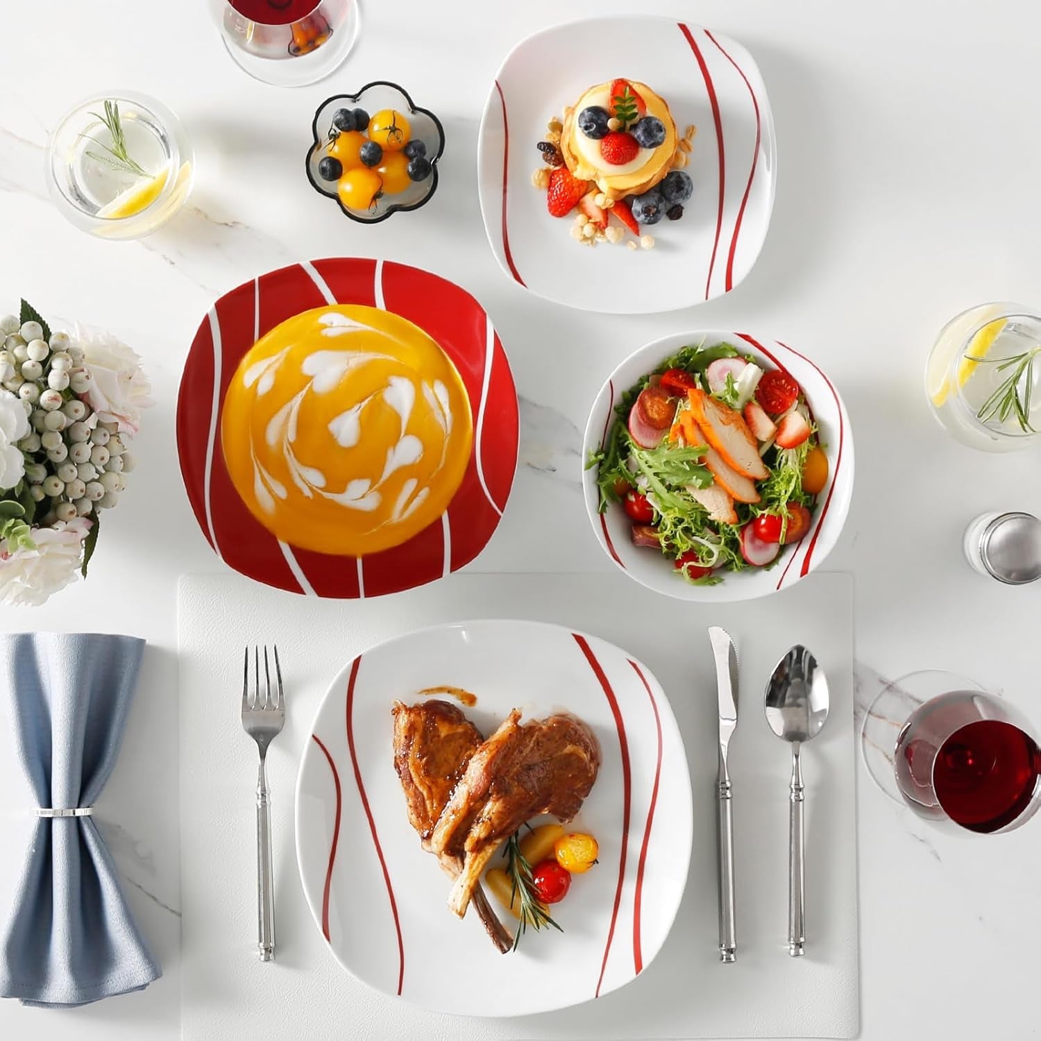 MALACASA Serviesset voor 6 personen, Felisa Porseleinen Serviesset 24-delig, Moderne Serviesset met 6 Dinerborden, Dessertborden, Suma Borden en Kommen, Perfect voor Kerstmis en Dagelijks Gebruik