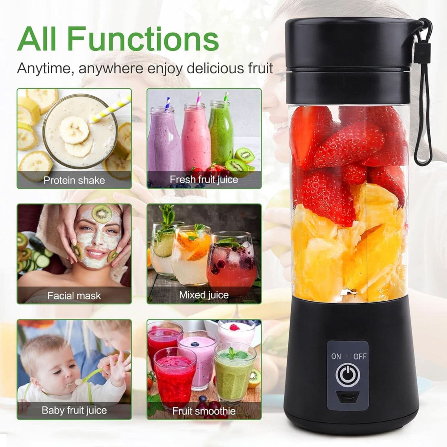 Mixer Smoothie Maker Tragbarer Entsafter: 380Ml Standmixer Persönlicher Shaker Proteinshake Mit 6 Edelstahlmesser Tragbar-Bpa-Freie Mit USB-Mixbecher Voor Shakes,Saftoutdoor,Schwarz Bucatarie Naty Shop