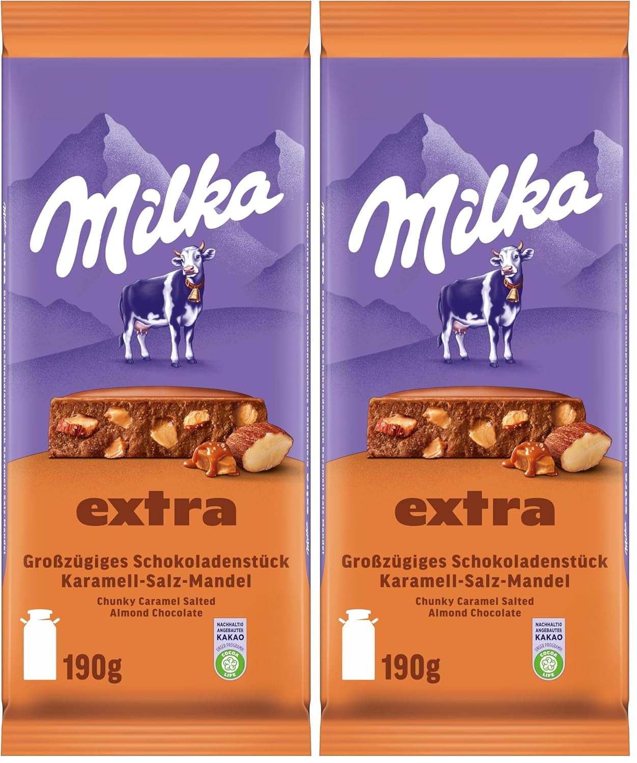 Milka Extra Caramel Salt Amandel - Alpenmelkchocolade met stukjes karamel, amandelen en een snufje zout - 190g