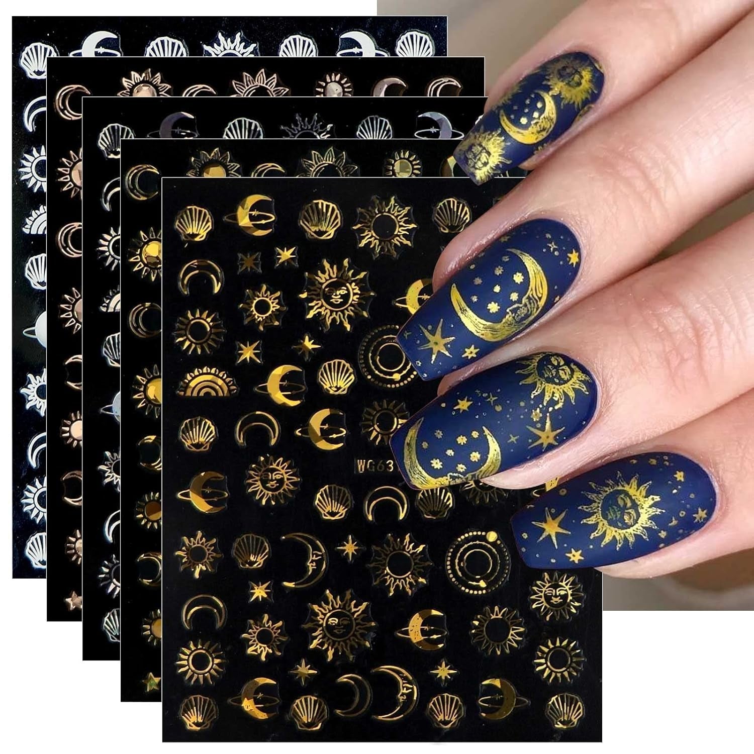 JMEOWIO Nagelsticker Mond Stern Sonne 10 Blatt Nail Art Sticker Selbstklebend Nagelaufkleber Bunt Decoratie Nageldesign Zubehör