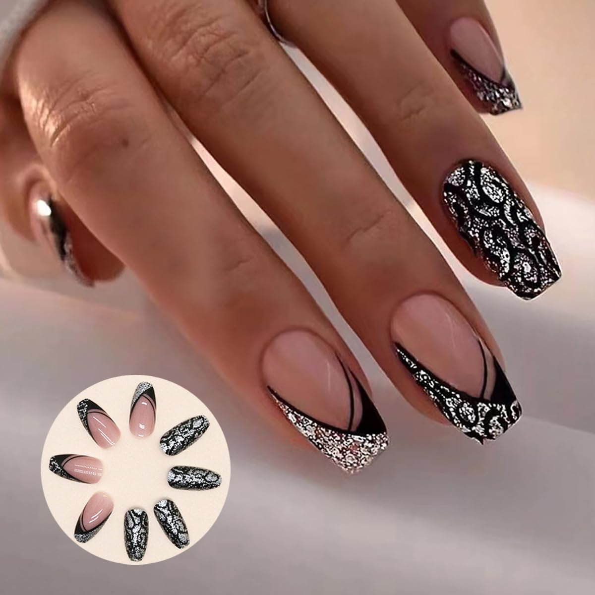 Kunstnagels Natuurlijke glitter Korte druk op acryl Zelfklevende glitternagels voor dames Meisjes Nagelkunstaccessoires 48 stuks