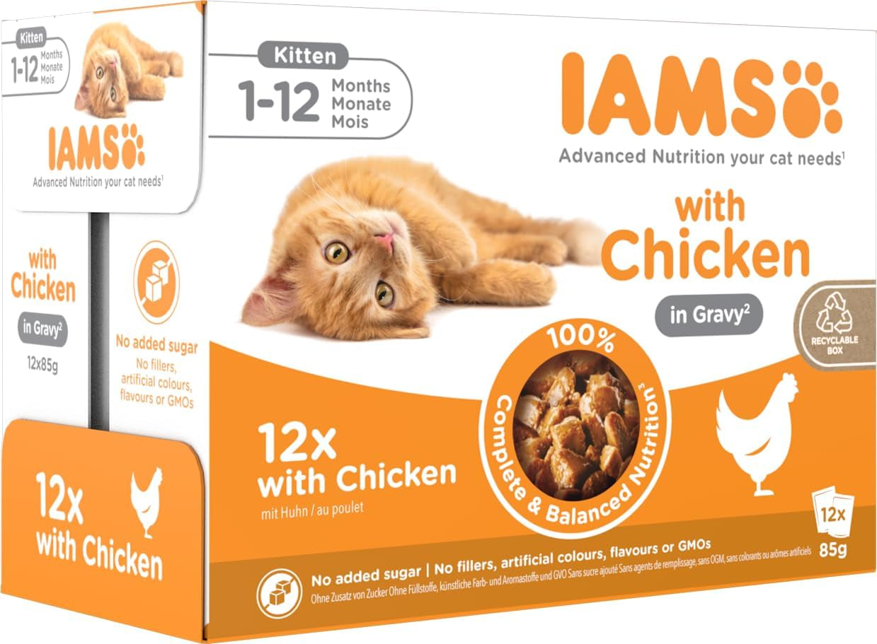 IAMS Delights Kitten Nassfutter - Multipack Katzenfutter mit Hunn in Sauce, hoogwaardige Futter für Junior Kätzchen von 1-12 Monate, 12 x 85 g