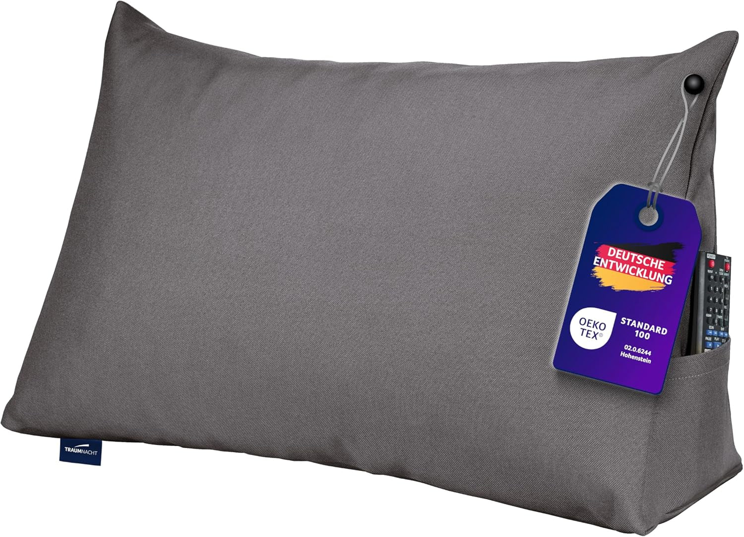 Leeskussen Traumnacht Cosy Rugkussen, 70 x 40 cm donkergrijs, afneembare en wasbare hoes van 100% polyester, praktisch zijvak, Oeko-Tex gecertificeerd, geproduceerd volgens Duitse kwaliteitsnormen