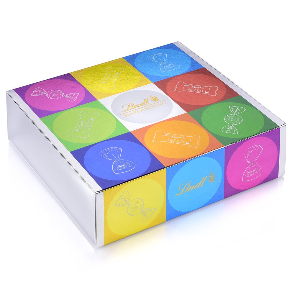 Chocoladeassortiment (37 LINDOR-bolletjes, 24 Hello Mini-sticks, 10 Mini Fioretto), chocoladecadeau (1 x 815 g) en HELLO Mini Emoti, melkchocolade in 5 emoticon-dessins, 164 g