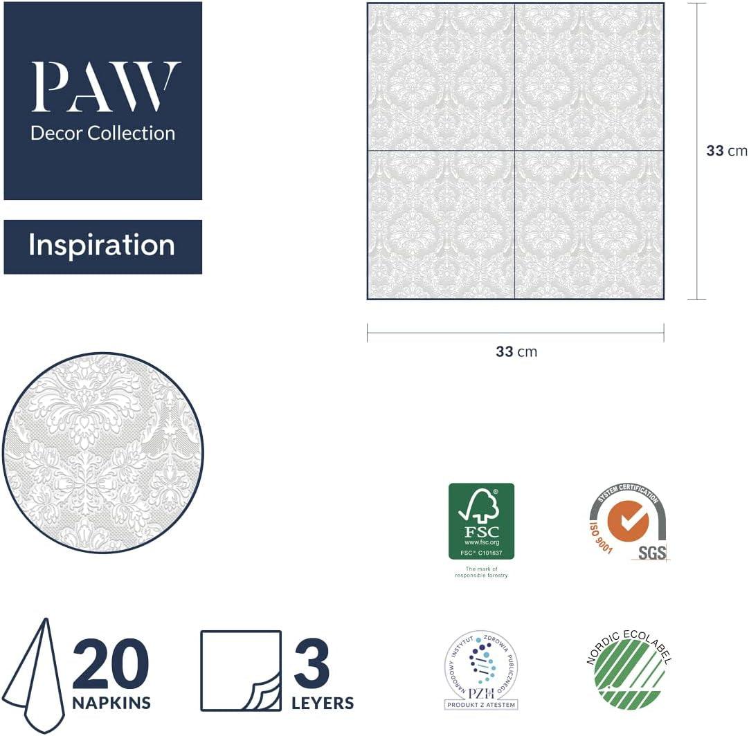 PAW - 3-laags servetten (33 x 33 cm) I 20 stuks I Perfect voor verjaardagen, feesten, bruiloften, communies en feestdagen I Gekleurde papieren servetten - speciale gelegenheden, ornamenten I Inspiration Classic (goud)