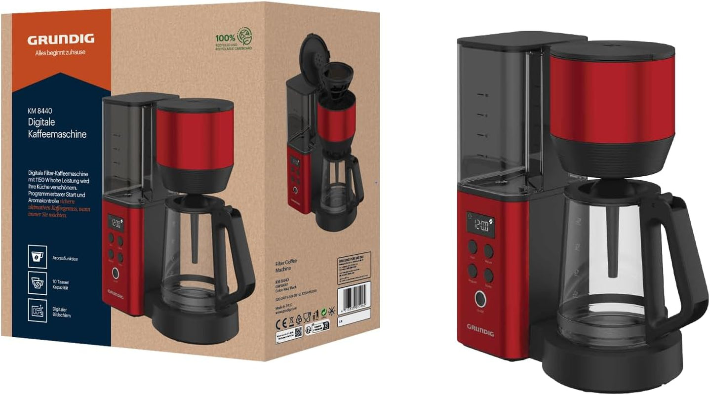 Digitale espressomachine met filter GRUNDIG KM8440, rood, 1000 W, 1,25 liter
