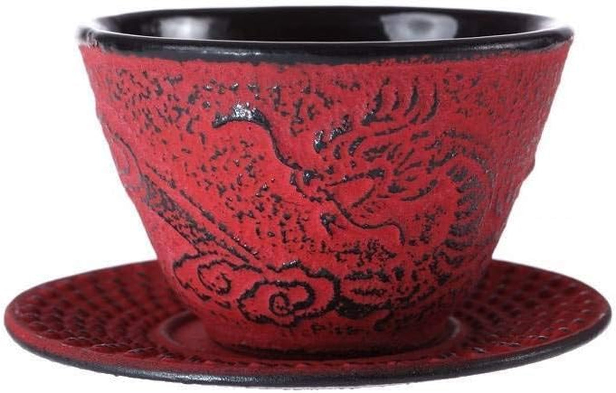 – Chinese Draak Theeservies – 1 Theepot, 4 Gietijzeren Kopjes en Theezeefje – Capaciteit 0,8L – Japans Aziatisch Decor – Cadeau-idee voor Japans Serviesgoed – Kleur Rood