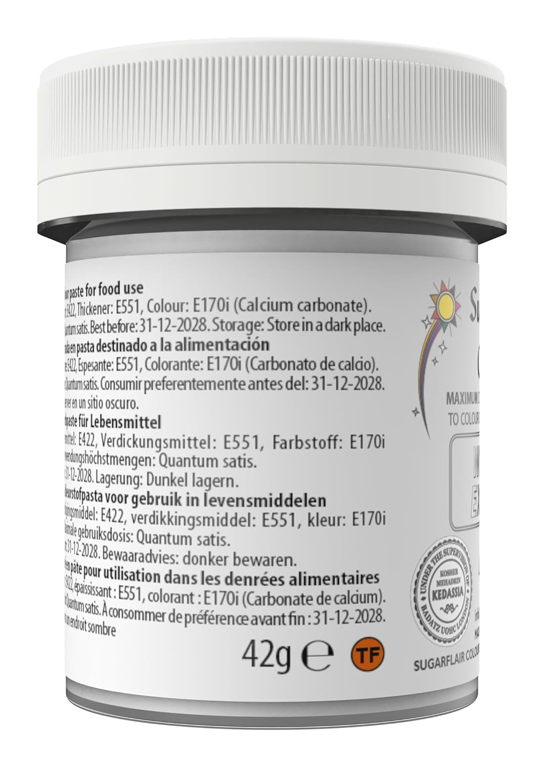 Kleurstof Sugarflair Max Concentrated White Extra, sterk geconcentreerde kleurstof voor marsepein en fondant, pastakleuring Max Concentrate - 42 g