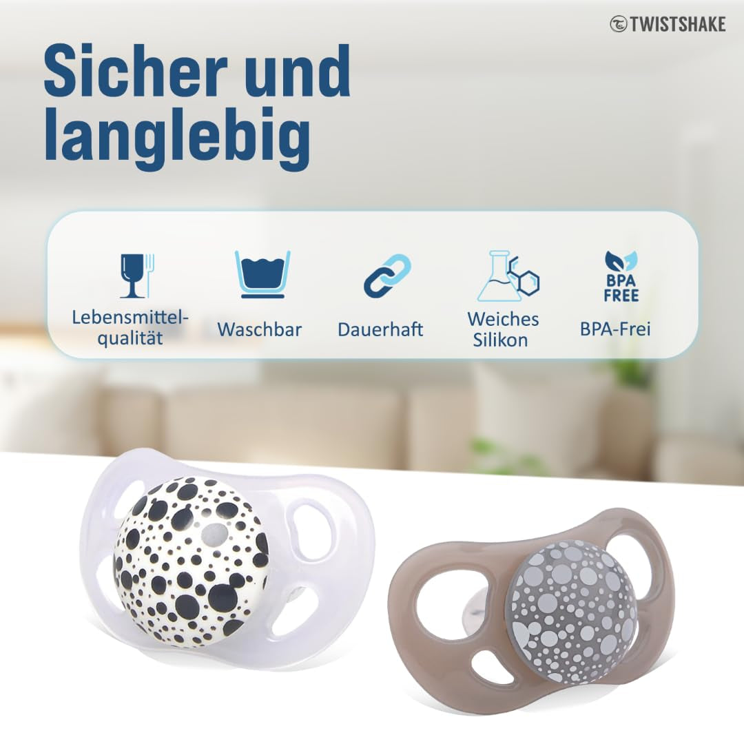 Twistshake Babyfopspenen – 2 stuks | Orthodontische vorm | Ultralicht | Zachte siliconen speen | BPA-vrij | Geschikt voor baby's vanaf 6 maanden | Grijs-wit
