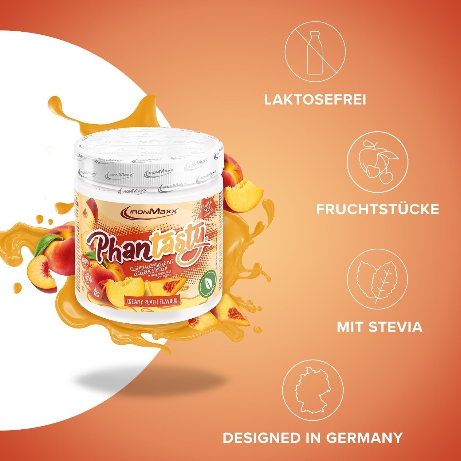 Ironmaxx Phantasty - Romige perzik 250G dosis | Veganistische Geschmackspulver Mit Echten Frucht- Oder Nussstückchen | Perfekter Zuckerersatz Zoetstoffen Naty Shop