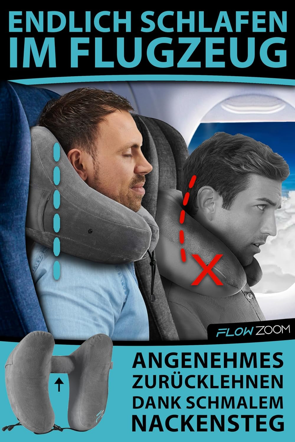 FLOWZOOM AIR Opblaasbaar nekkussen met capuchon - Vliegtuignekkussen - Reiskussen - Snel opblaasbaar reisnekkussen - Vliegtuigkussen - Reiskussen - Nekkussen voor volwassenen (grijs) Cervicale orthopedische kussens Naty Shop