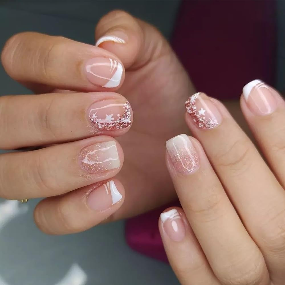 Zelfklevende kunstnagels set - Franse kunstnagels - 24 stuks Kort Vierkant Ontwerp Wit Roze Gradiënt Kunstnagels Ballerina Manicure (Kort Roze Gradiënt)