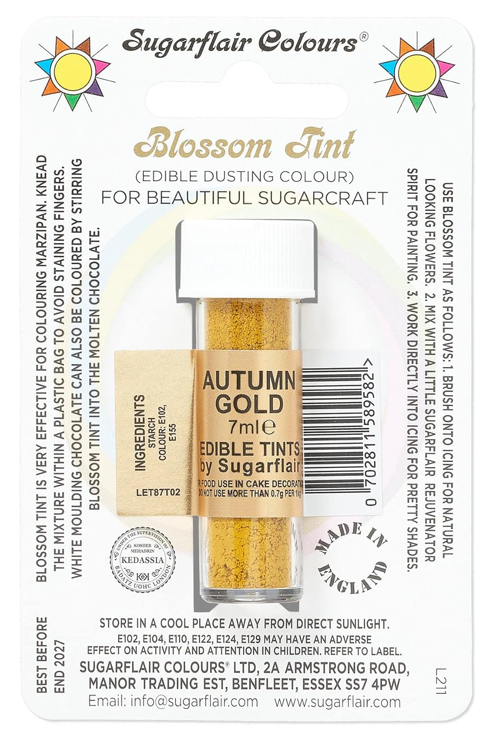 Sugarflair Blossom Tint Dust Kleurstofpoeder Autumn Gold - Kleurstofpoeder voor decoraties Gekleurde suikerpasta, fondant, glazuur, chocolade, botercrème, macarons - 7 ml