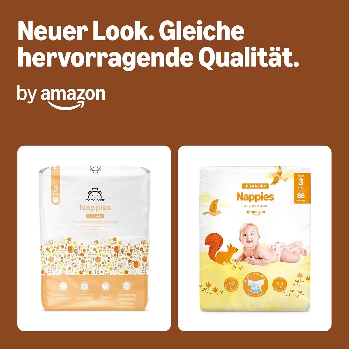Amazon Ultra Dry Luiers, maat 3 (4-9kg) - Maanddoos, Wit, 172 stuks (2 verpakkingen van 86) (Voorheen Mama Bear, identiek product)