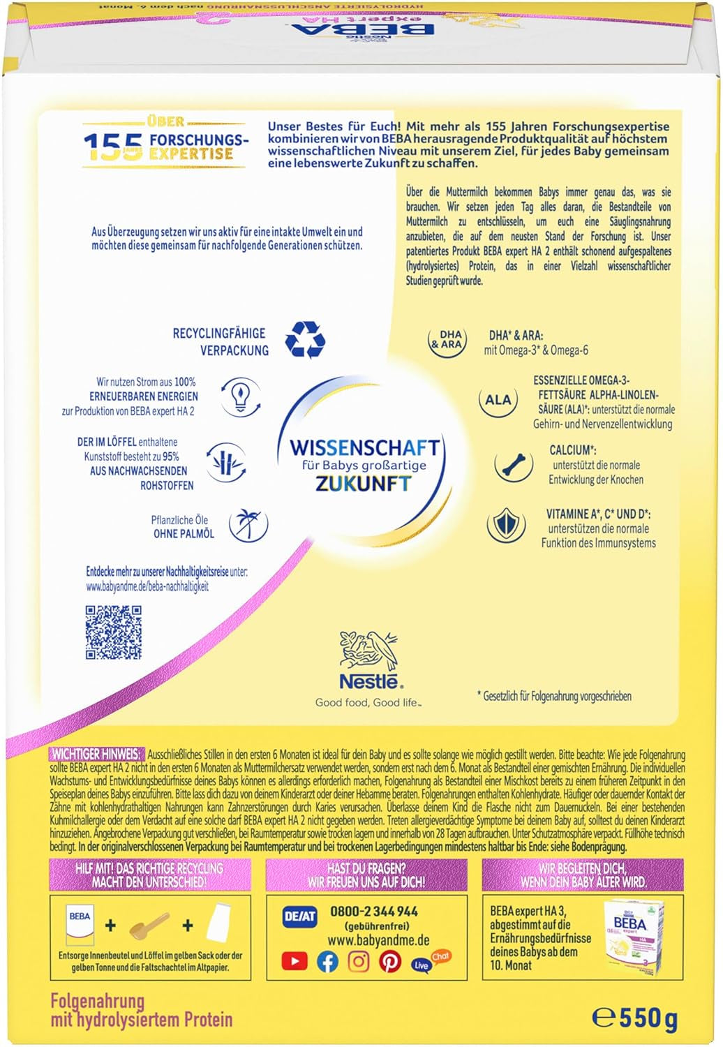 BEBA Expert HA 2 Opvolgmelk na 6 maanden, babyvoeding met gehydrolyseerd eiwit, alleen lactose, palmolievrij, verpakking van 6 (6 x 550 g) Naty Shop