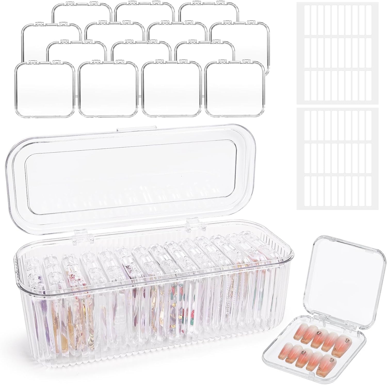 INMORVEN nagelopbergdoosset - 14 transparante nageldozen + 1 grote doos en 60 zelfklevende schijven - Ideaal voor het opbergen van kunstnagels, gelnagelaccessoires en nagellak (14 stuks in één laag)