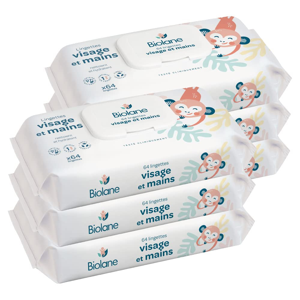 BIOLANE - Natte babydoekjes voor gezicht en handen - 6 stuks - 384 doekjes (6 x 64 cm) - Reinigt en beschermt - Toiletartikelen - Hypoallergeen - Voor de gevoelige huid - 97% natuurlijke ingrediënten - Gemaakt