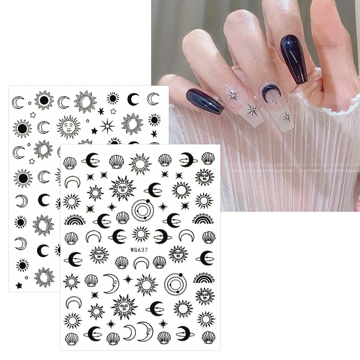 JMEOWIO Nagelsticker Mond Stern Sonne 10 Blatt Nail Art Sticker Selbstklebend Nagelaufkleber Bunt Decoratie Nageldesign Zubehör