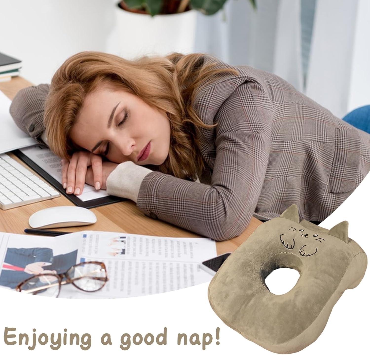 Kantoorslaapkussen Geheugenkatoen Schattig oorgatkussen Zacht slaapkussen Zijslaper Oorkussen voor dames Meisjes Kinderen (Kitten grijs) Cervicale orthopedische kussens Naty Shop