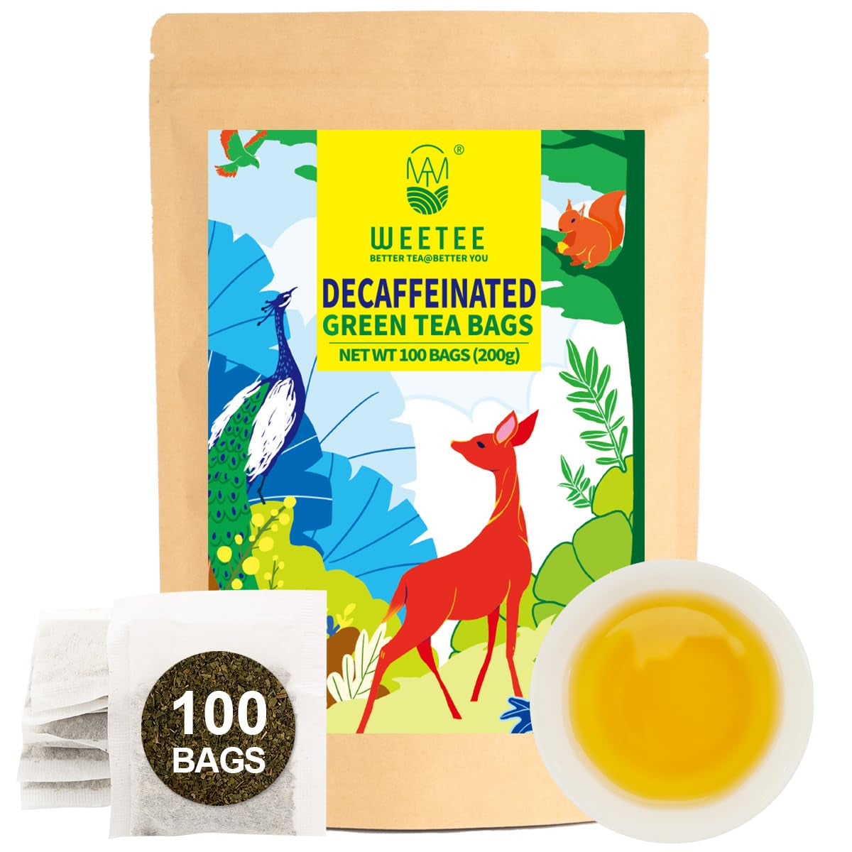 WEETEE Groene Theezakjes, 100 Stuks Groene Theezakjes, Pure Groene Thee, Super Antioxidant | Hersluitbare zakjes | Warme of koude bereiding