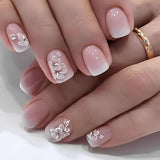 24pcs Wit Vierkant Lijm op korte nagels Roze gradiënt bloemenpatroon Druk op de nagels Kunstnagels Valse nagelkunst Franse vierkante nagels Kunstnagels voor dames