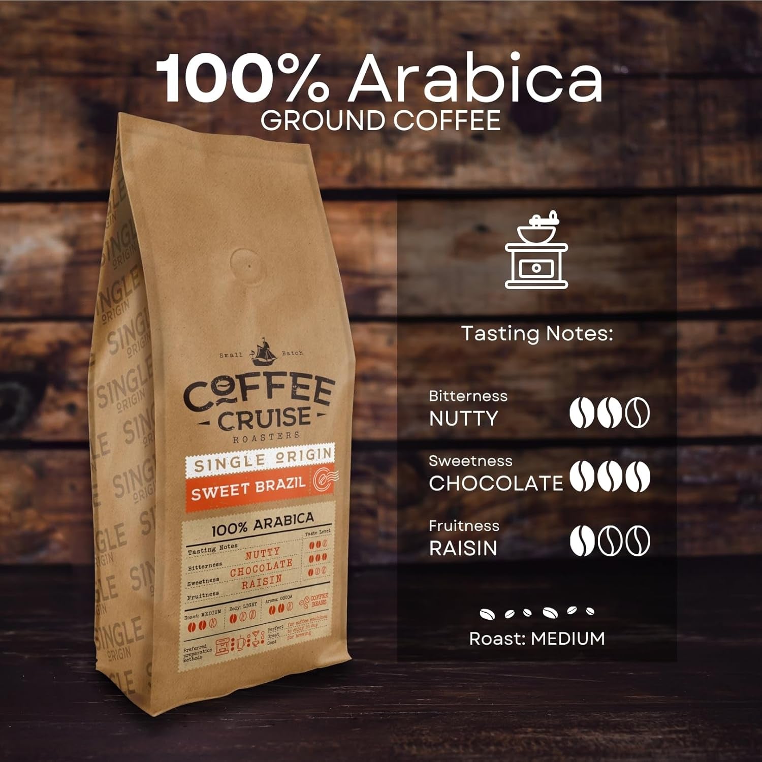 KOFFIECRUISE Sweet Brazil Brasilianische Kaffeebohnen 1kg - Mittlere Röstung - Aroma Kakao en Schokolade - Für All Kaffeemaschinen - 100% Arabisch