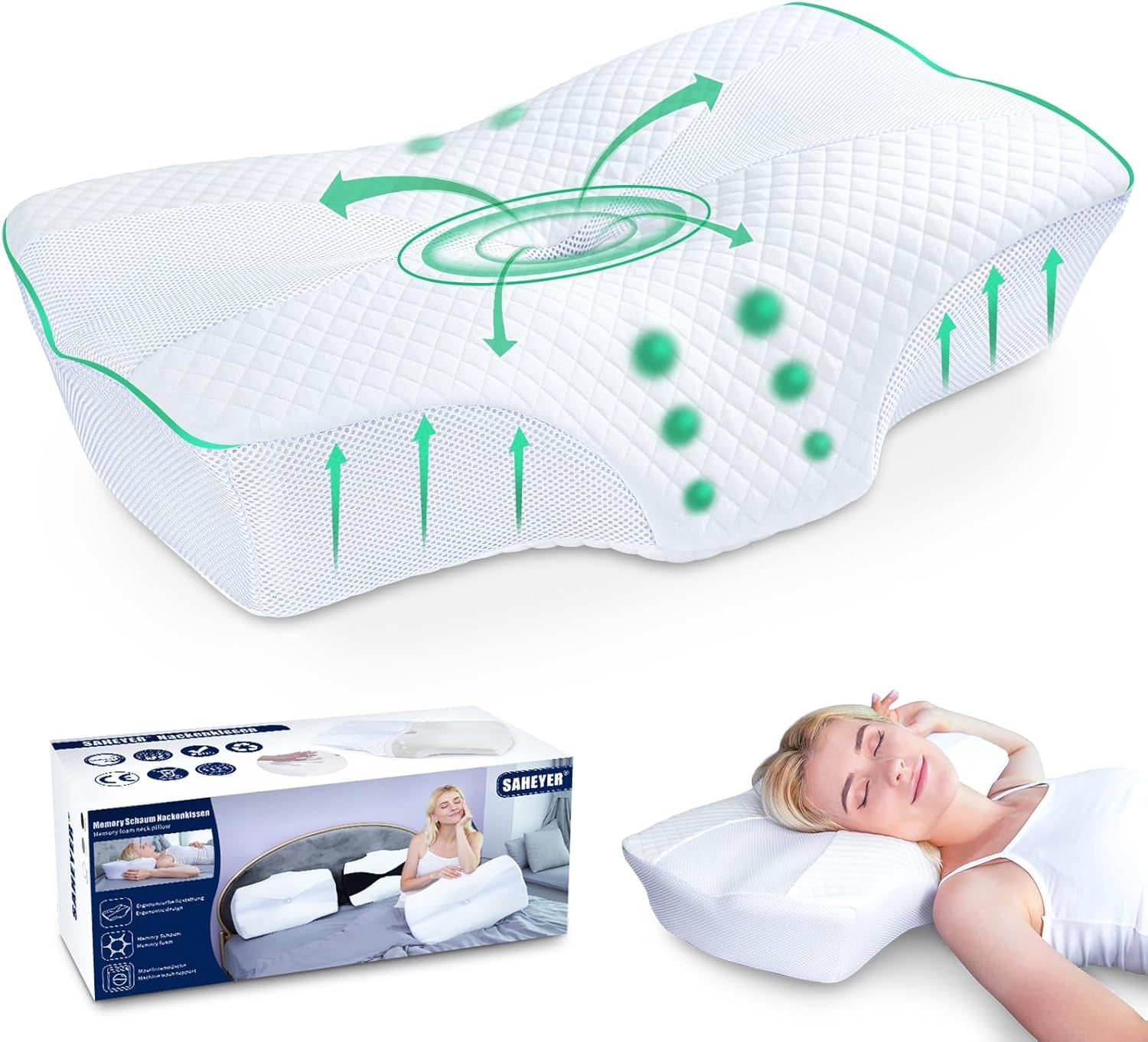 SAHEYER Orthopedisch kussen Neksteunkussen Hoofdkussen Ergonomisch nekkussen Zijslaperkussen 60 X 40 X 13/11cm Memory Foam Kussen voor zijslaper Rugbuik Orthopedische nekkussens Naty Shop Parelwit