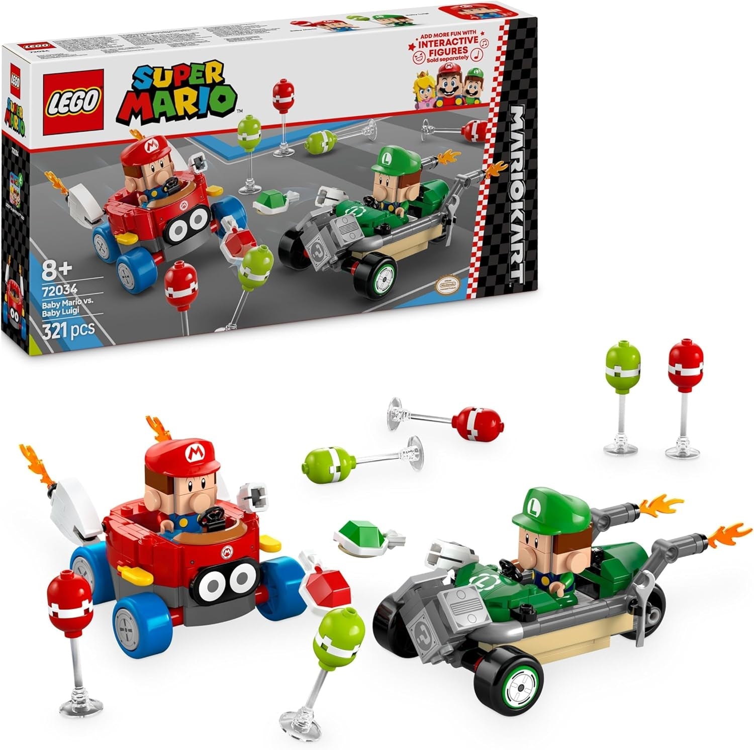 LEGO Mario Kart - Baby Mario Vs. Baby Luigi Nintendo-verzamelfiguren 2 bouwbare Speedmen-speelgoedcadeau voor jongens, meisjes en gamers vanaf 8 jaar Avontuurspeelgoed 72034 Bouwsets