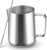 Melkmok, 350 ml roestvrijstalen melkmok met maatmarkering, Barista-accessoire, melkmok voor cappuccino, espresso, latte art, koffieliefhebbers, zilver, 355 ml