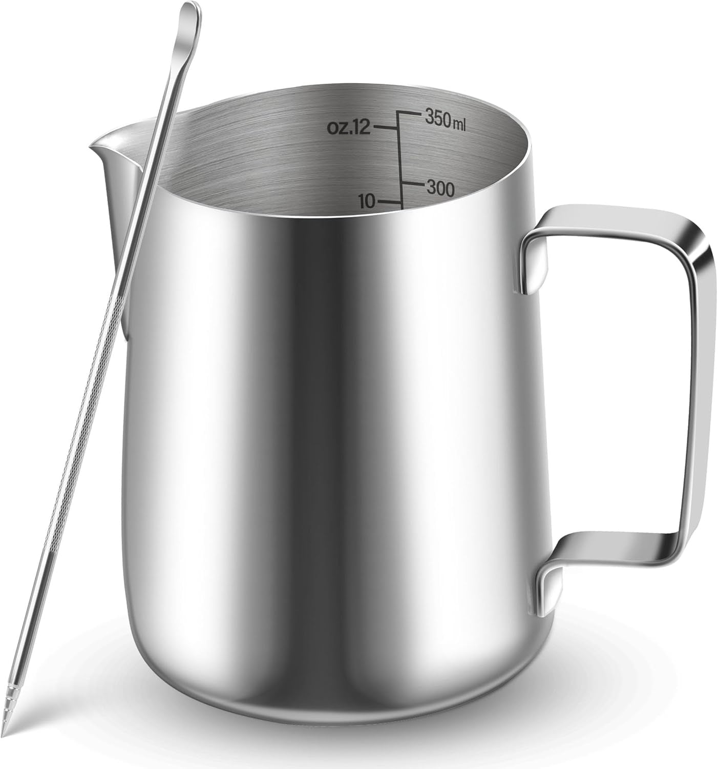 Melkmok, 350 ml roestvrijstalen melkmok met maatmarkering, Barista-accessoire, melkmok voor cappuccino, espresso, latte art, koffieliefhebbers, zilver, 355 ml