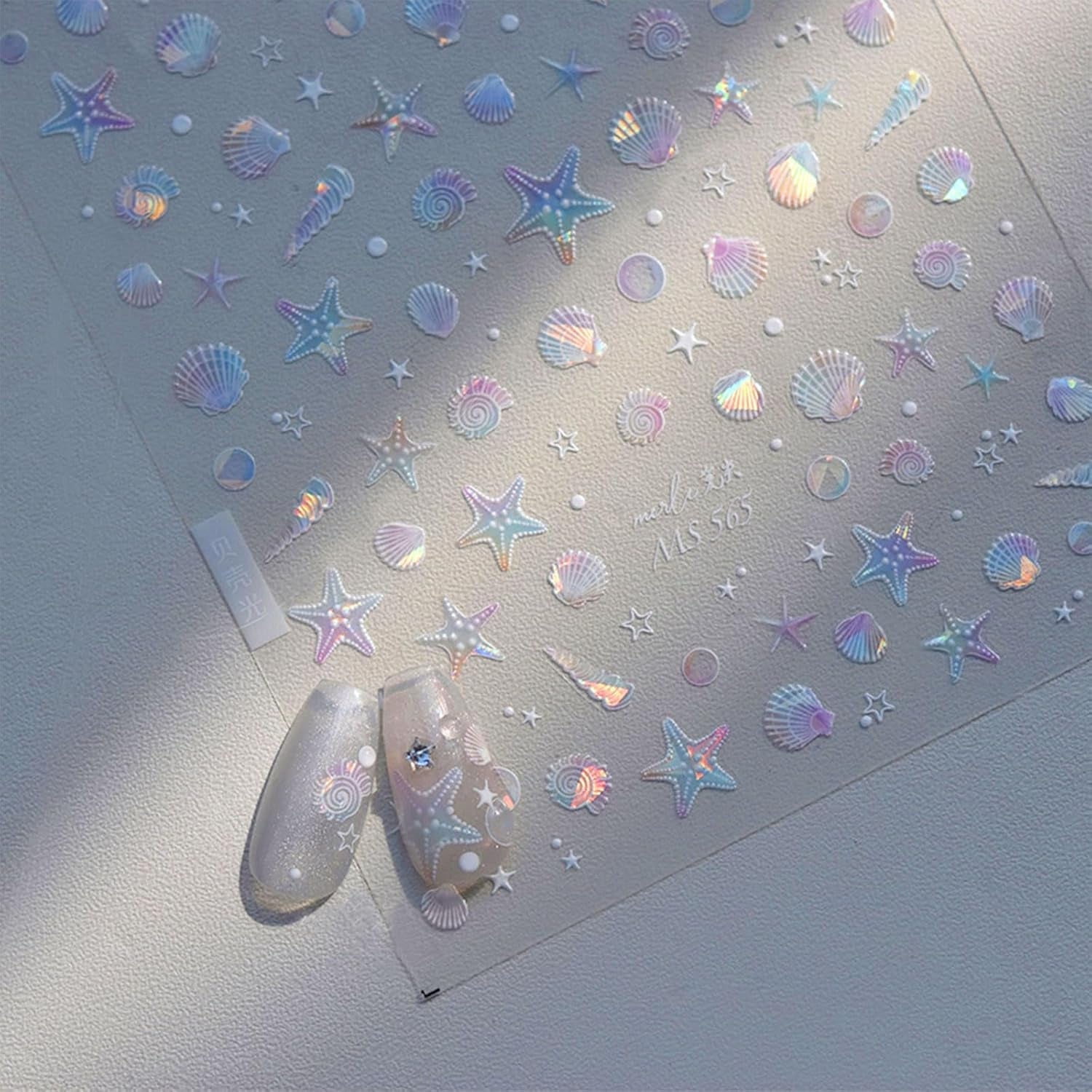 JMEOWIO 3D Nagelsticker Aurora Muschel Seestern Nail Art Sticker Selbstklebend Nagelaufkleber 5D Stereoskopisch Ozean Thema Decoratie Nageldesign Zubehör 1 Blatt