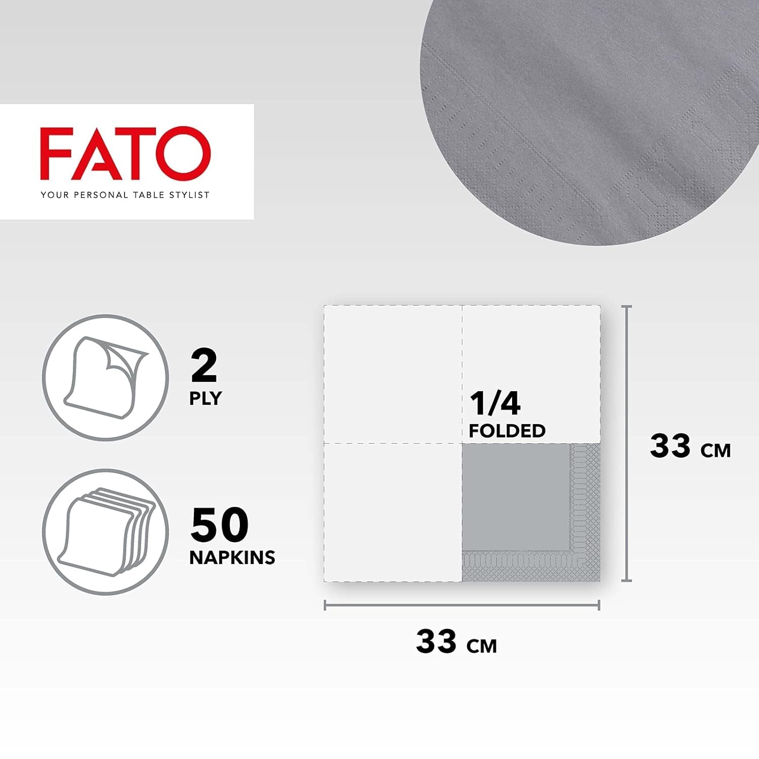 , Papieren wegwerpservetten, Ideaal voor informele lunches en buffetten, Verpakking van 50 servetten, Maat 33X33, In 4 gevouwen, 2 lagen, Grijs, 100% puur cellulosepapier, FSC-gecertificeerd
