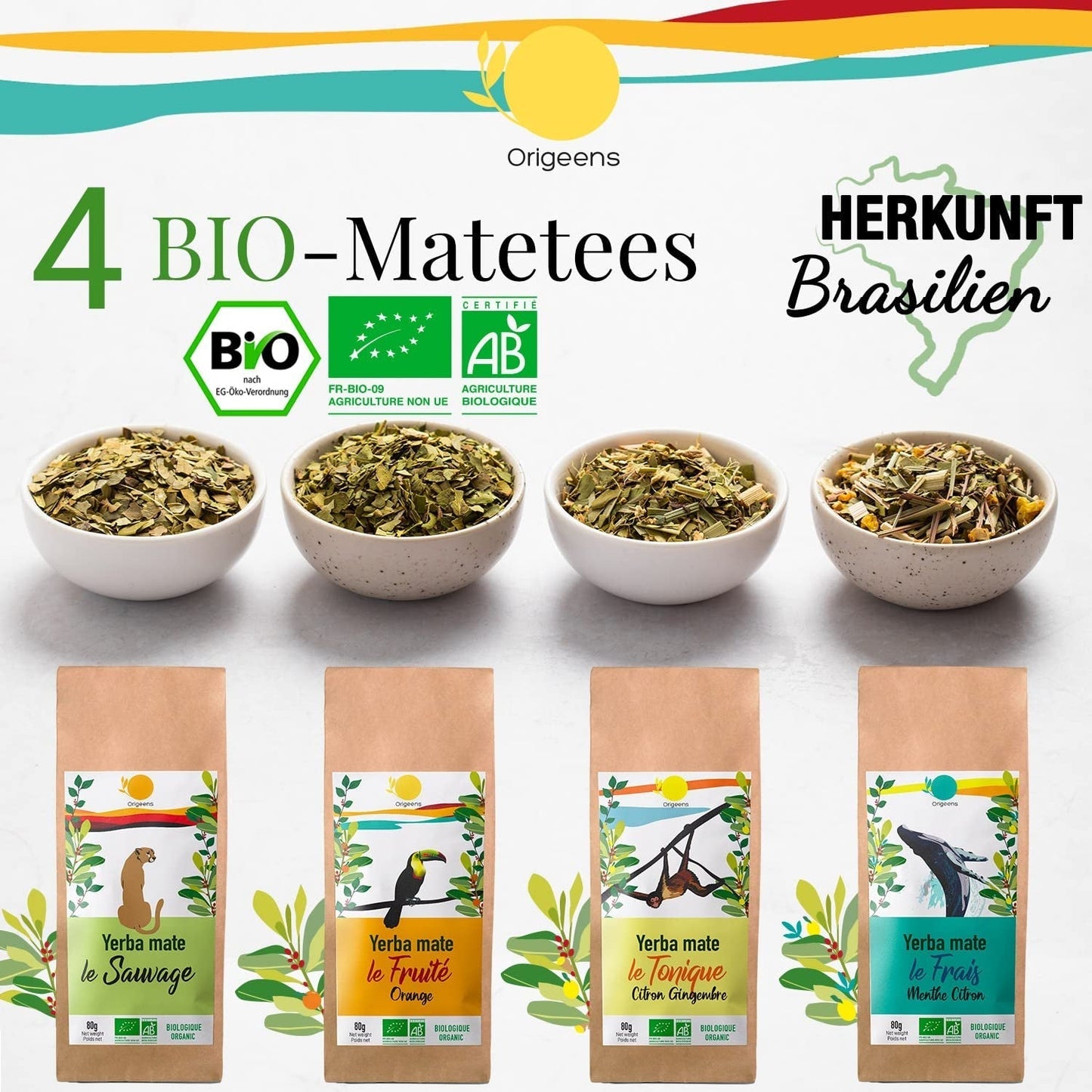ORIGEENS BIO MATE TEA GIFT SET X4 I Yerba Mate Bio 4X80G I Yerba Mate theeservies, cadeau-idee