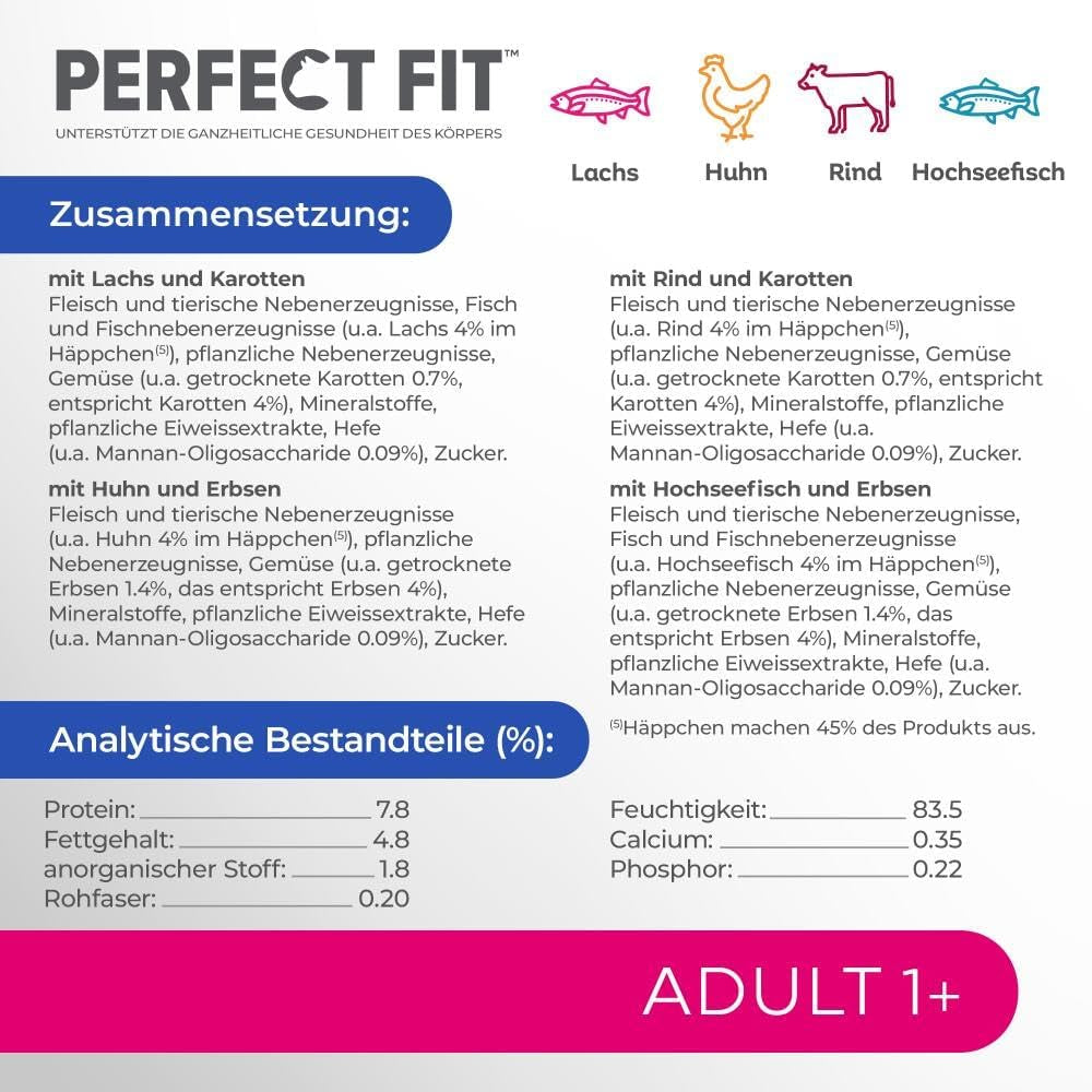 Perfect Fit Adult 1+ selectie natvoer met zalm, diepzeevis, rundvlees en kip, 48 zakjes, 12x85g (4 stuks) - Premium natvoer voor volwassen katten vanaf 1 jaar