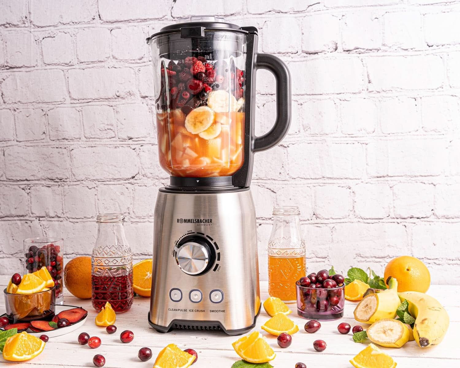 ROMMELSBACHER Standmixer MX 1250-22.000 U/Min, Stufenlose Drehzahlregulierung, Funktionsstasten (Smoothie, Clean/Pulse, Ice Crush), Glaskrug, Edelstahlgehäuse, Spezialmesser, 1200 Watt Kitchen Naty Shop
