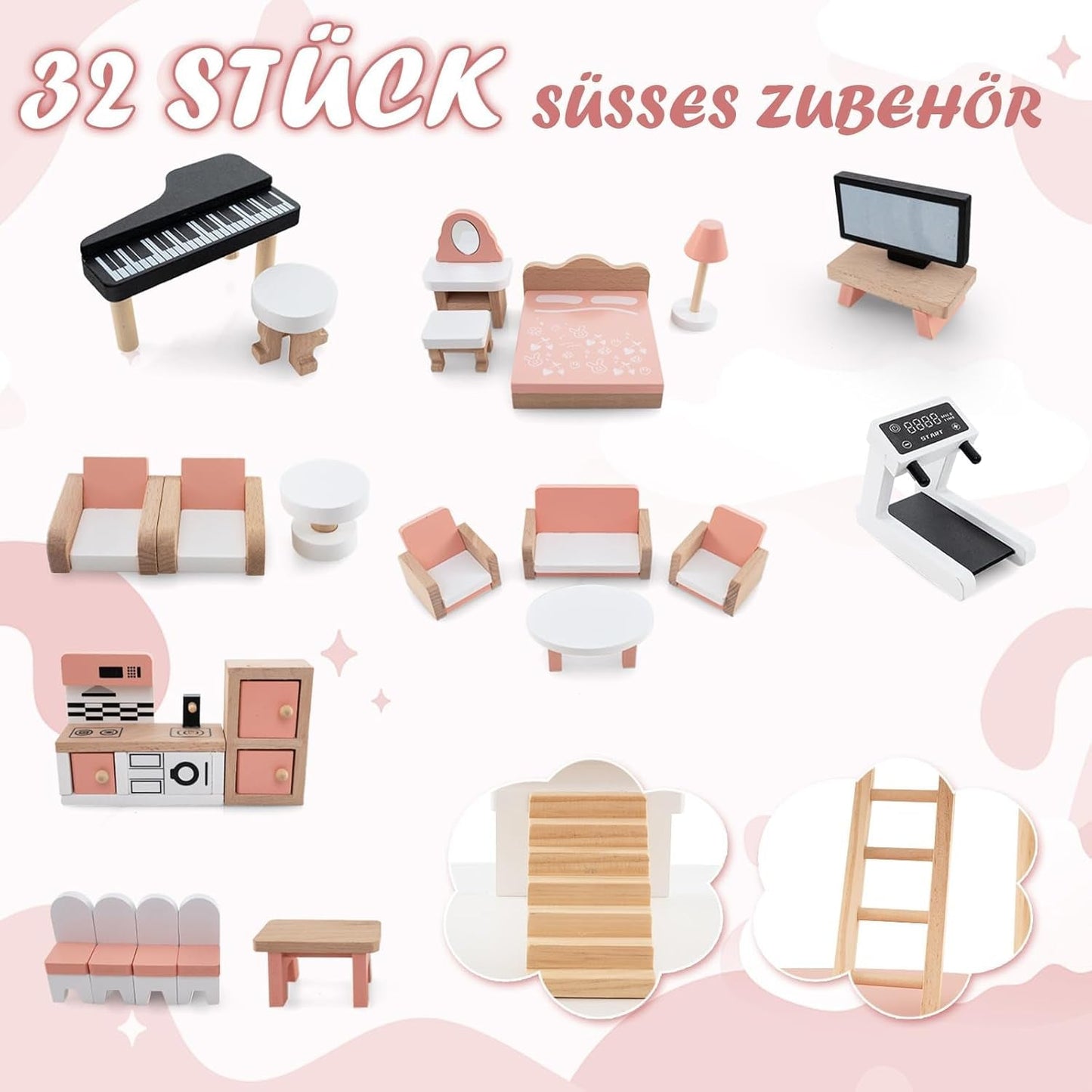 FANTASK houten poppenhuis, 85 cm hoog poppenhuis met 7 kamers en 32 meubels en accessoires, poppenhuis met touwladder, poppenhuiscadeau voor meisjes van 3 jaar oud (model 3) Naty Shop Dollhouses