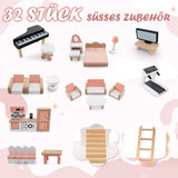 FANTASK houten poppenhuis, 85 cm hoog poppenhuis met 7 kamers en 32 meubels en accessoires, poppenhuis met touwladder, poppenhuiscadeau voor meisjes van 3 jaar oud (model 3) Naty Shop Dollhouses