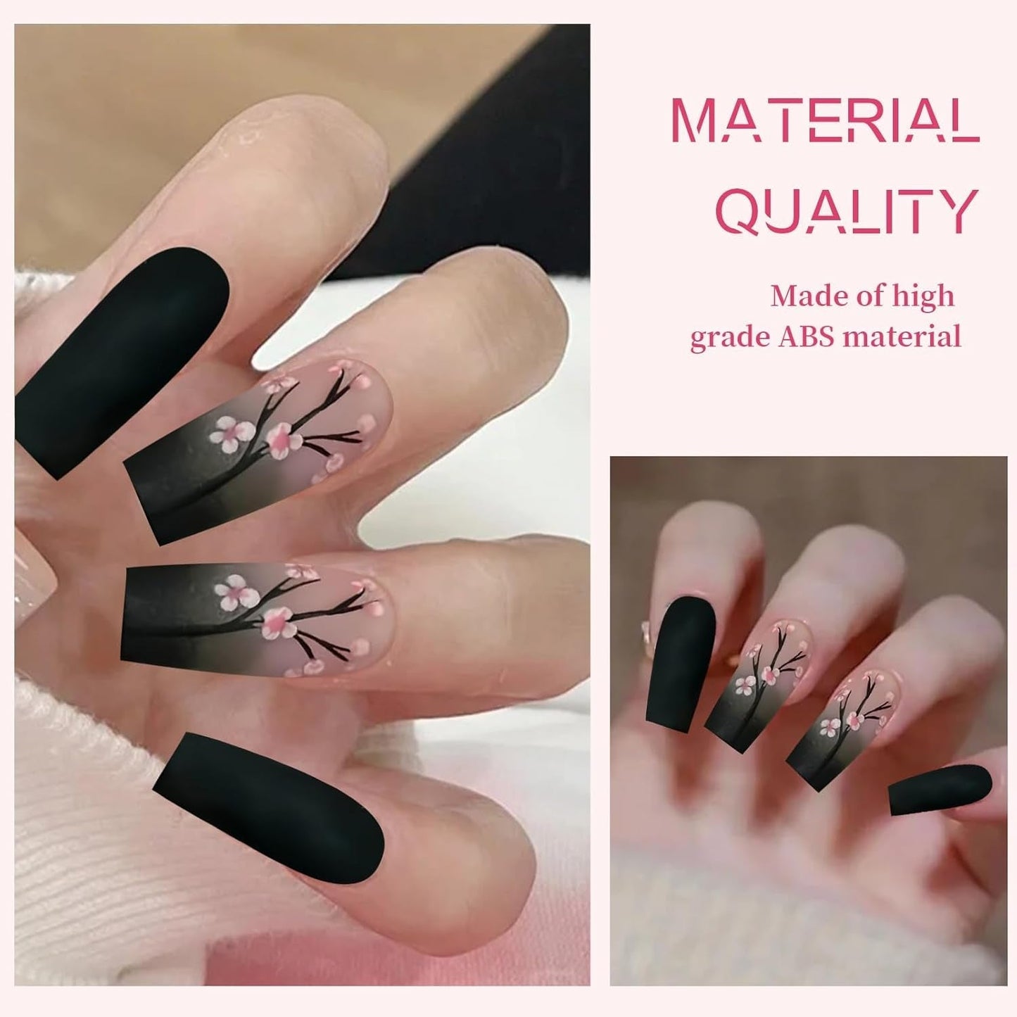 24 stuks herfst zwarte Franse pers nagels roze bloem lange nagels lijm op kunstnagels herfst kunstnagels set met accessoires