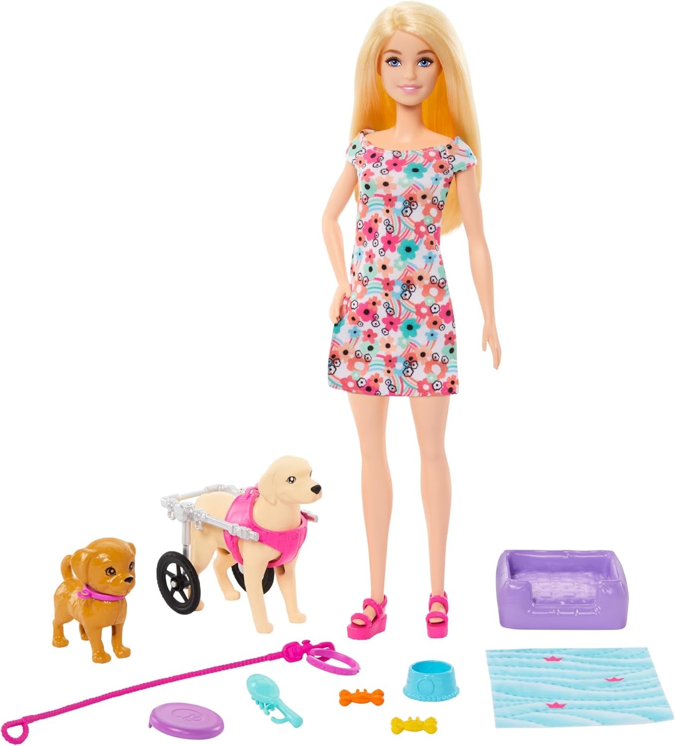 Barbie Dog Duo-pop en accessoires, inclusief puppy en grote hond met rolstoel, riem, voerbak, huisdierbed en botbeloningen, voor kinderen vanaf 3 jaar, HTK37