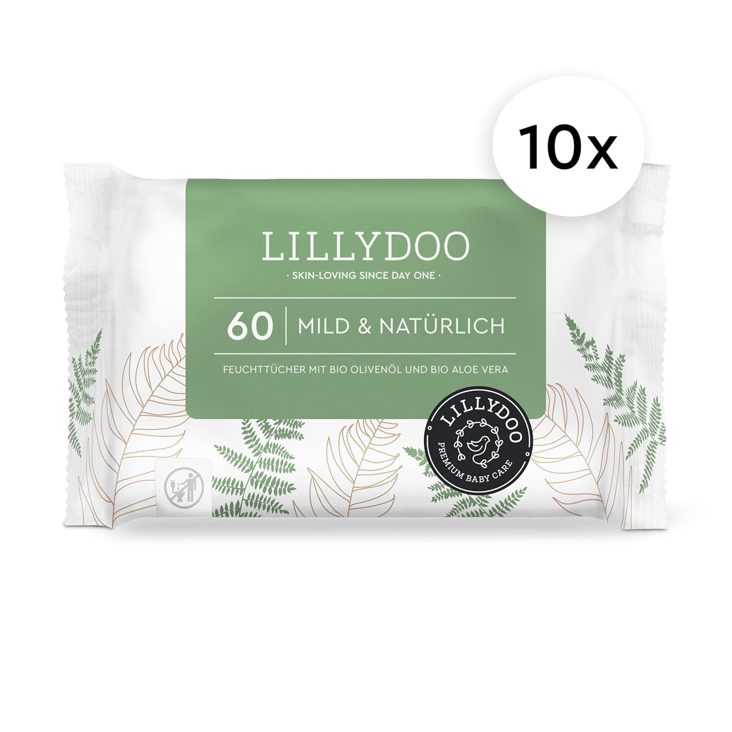 LILLYDOO Groene vochtige doekjes, 600 stuks (10 x 60), 100% plasticvrij, scheurbestendig doekje - geurvrij, zacht en natuurlijk, zachte reiniging voor de gevoelige huid, dermatologisch getest