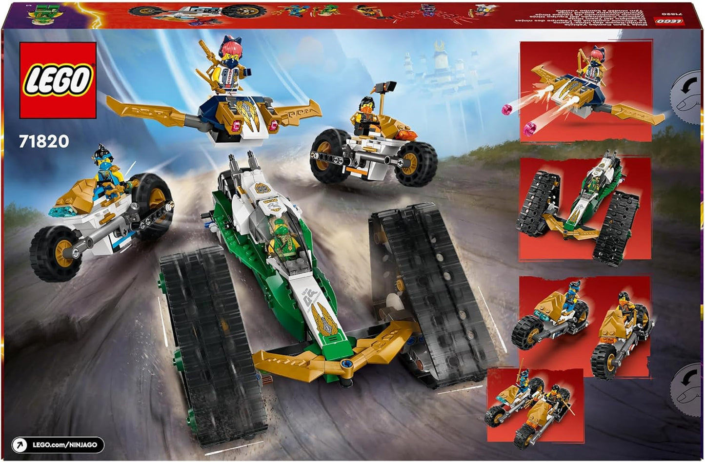 LEGO NINJAGO Ninja Team Combi Caterpillar 4 in 1 set met zweefvliegtuig, racewagen en 2 motorfietsen en 6 minifiguren Cadeau voor jongens en meisjes Ninja speelgoed 71820 Bouwsets Besuche in LEGO-Store