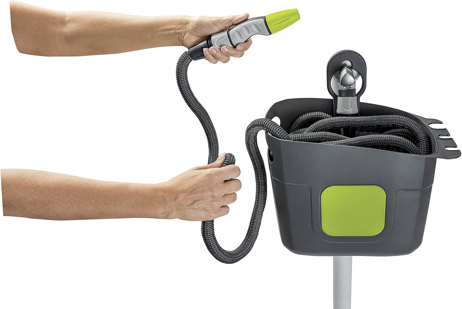 GF SRL, Aquapop Grey Pro 15, zelfverlengende gevlochten slang Made in Italy, met stevige plastic container, ergonomische mini-tuinsproeier, aansluitingen voor tuinirrigatie, donkergrijs