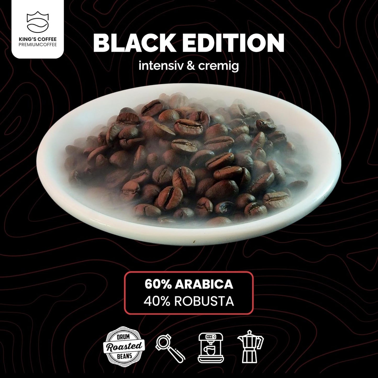 KING'S COFFEE - BLACK EDITION - 1 kg Intense Cream Koffiebonen - Koffie met lage zuurgraad - Kleine batch branding uit Italië - Sterke Arabica-espressobonen (blend) voor volautomatische en portafiltermachines