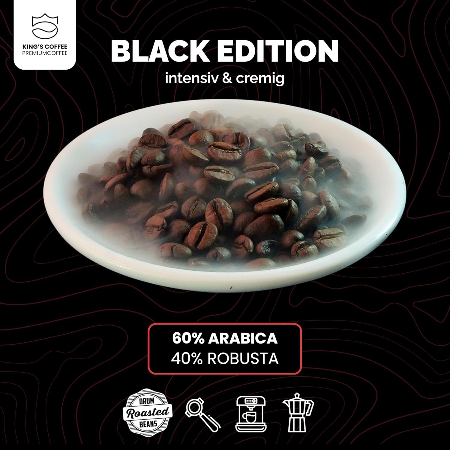 KING'S COFFEE - BLACK EDITION - 1 kg Intense Cream Koffiebonen - Koffie met lage zuurgraad - Kleine batch branding uit Italië - Sterke Arabica-espressobonen (blend) voor volautomatische en portafiltermachines