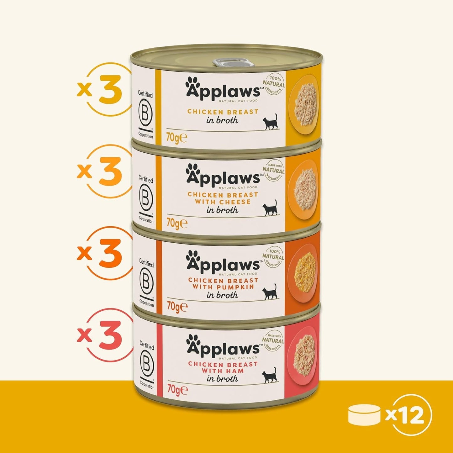 Applaws 100% natuurlijk premium natvoer voor katten, kippenbouillon, selectie voor volwassen katten - 4 dozen (12 x 70 g)