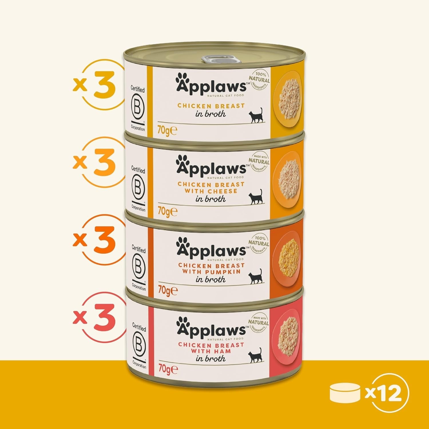 Applaws 100% natuurlijk premium natvoer voor katten, kippenbouillon, selectie voor volwassen katten - 4 dozen (12 x 70 g)